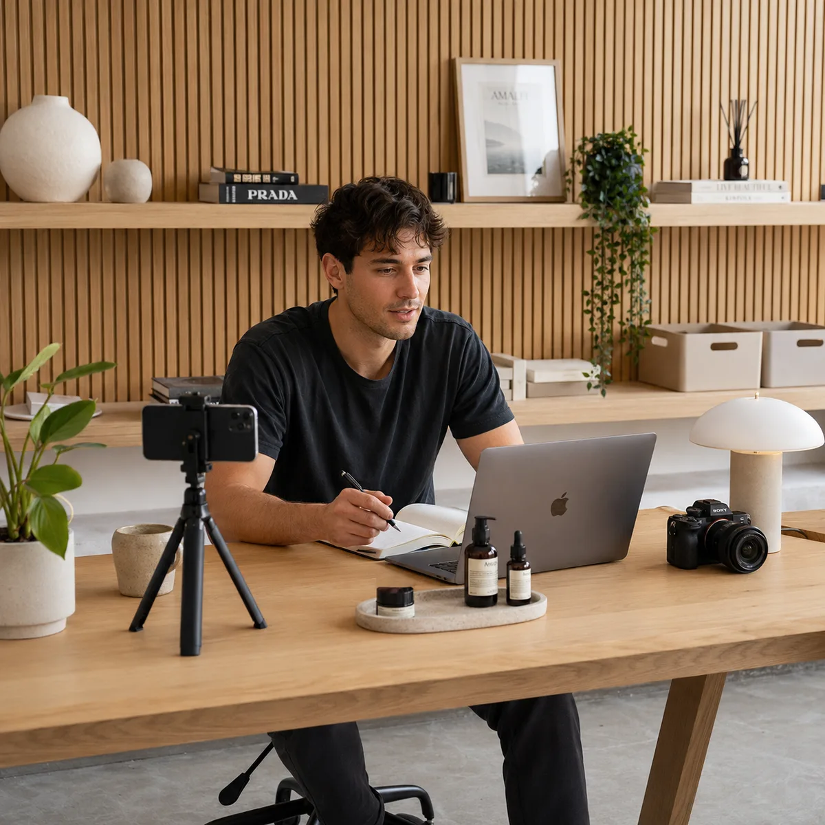 Creator at a desk with laptop, camera, phone on tripod, and products while keeping the business side organized