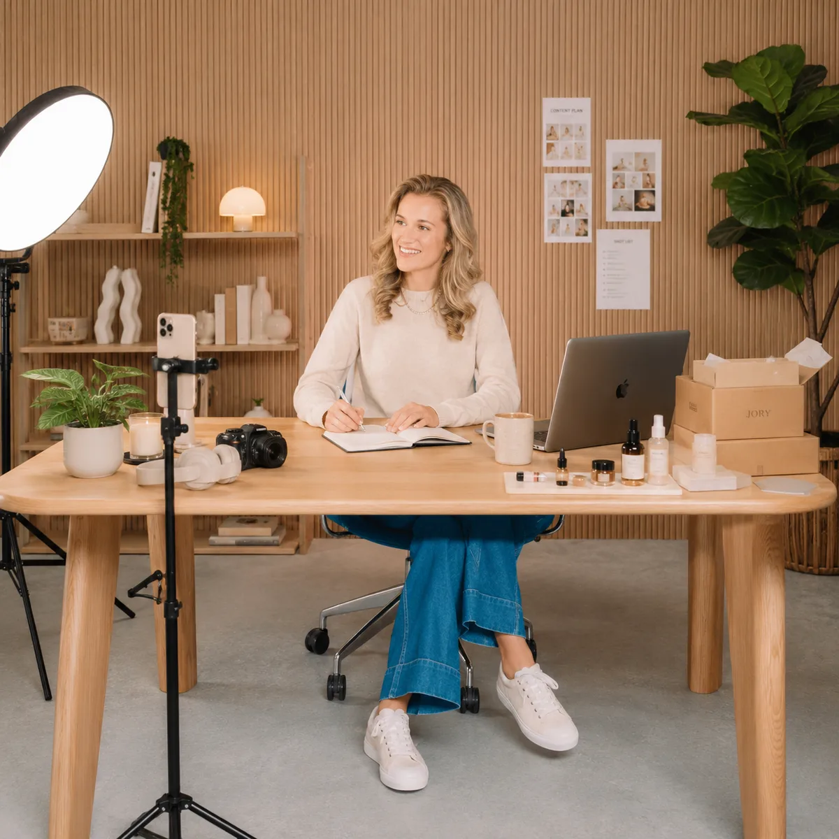 Creator at a desk with PR packages, content plan, camera, and products while preparing a brand collaboration