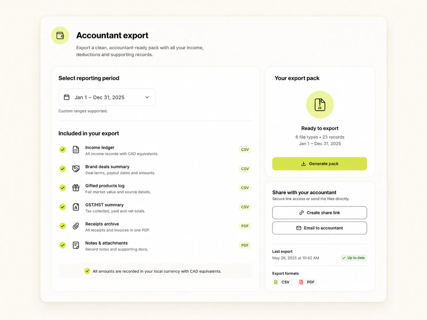Cadence accountant export: reporting period, checklist of included sections, and share or download actions.