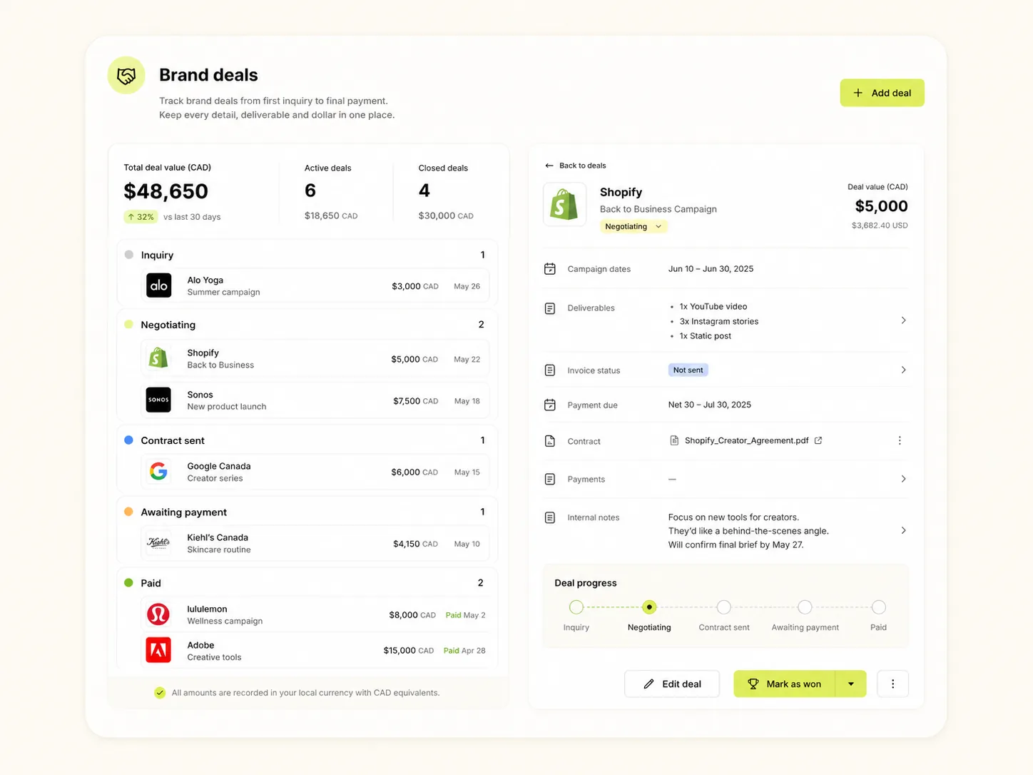 Cadence brand deals: pipeline board with stages and a detailed deal panel with deliverables and invoice status.