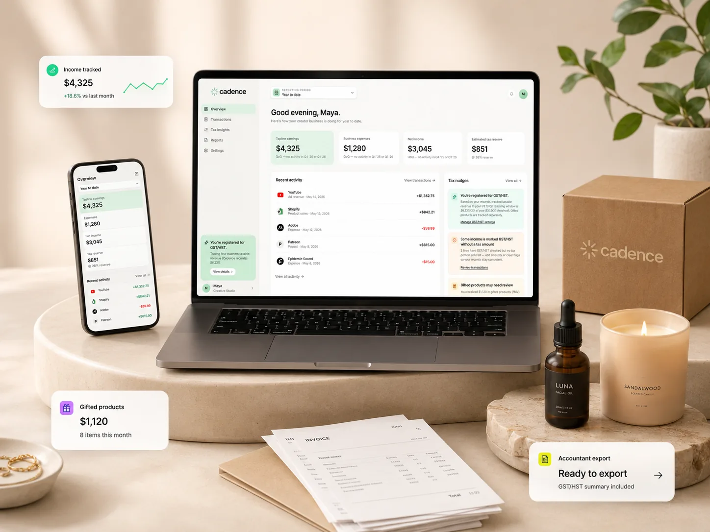 Laptop and phone showing the Cadence dashboard with earnings, activity and tax nudges, beside creator props and invoices